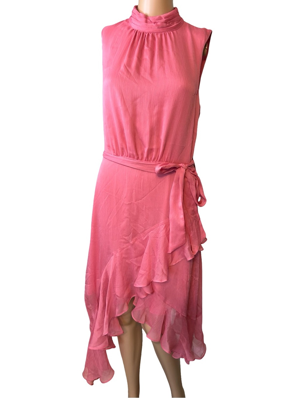 CeCe Coral Femine Pink High-Low Sleeveless Ruffle Dress with Waist Tie size 8